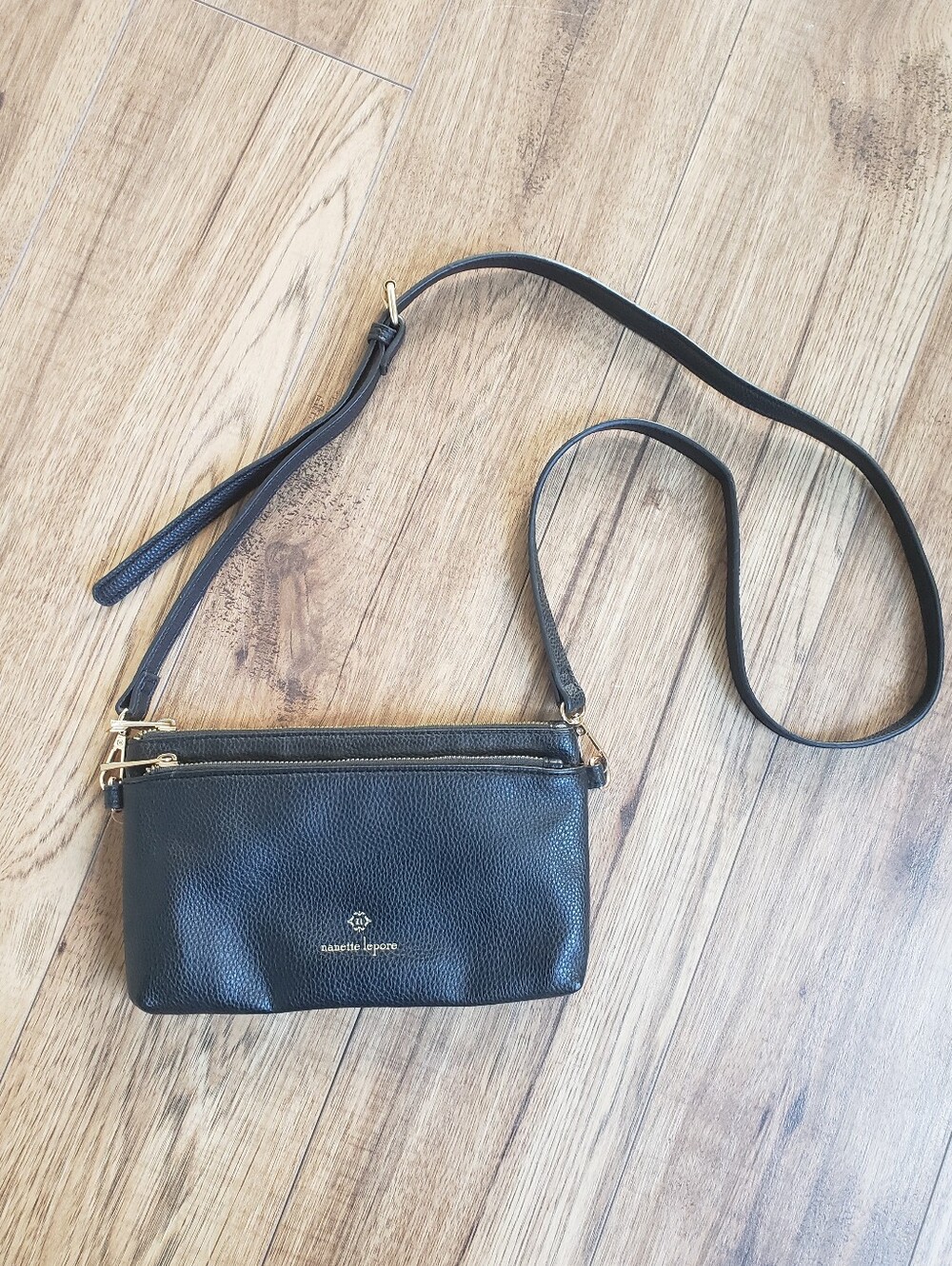 Nanette Lepore Black Pebbled Leather Crossbody with Gold Hardware
